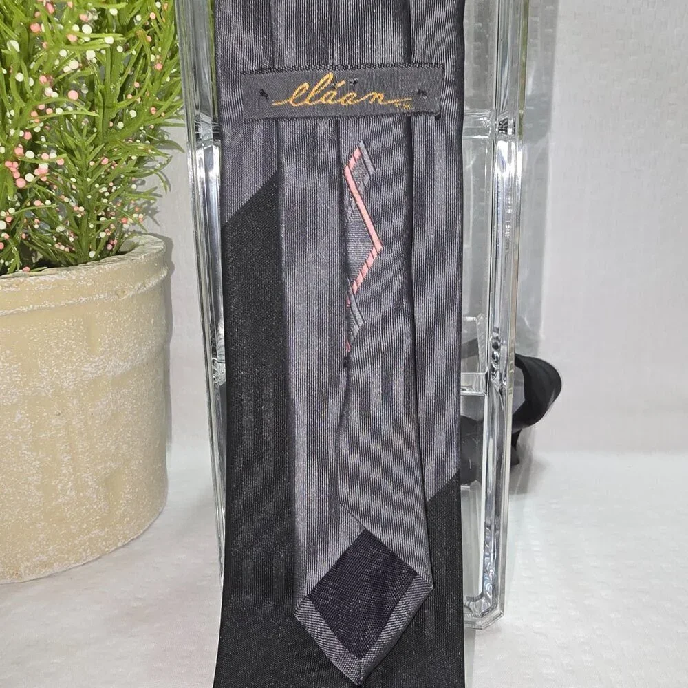ELAAN MENS TIE BLACK GRAY WITH PINK DIAMOND EMBROIDERED DESIGN